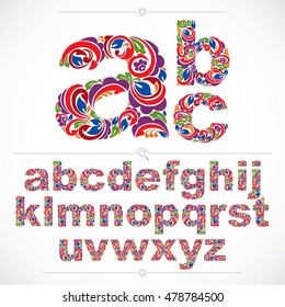 Ecology style flowery font, vector typeset made using natural ornament. Colorful alphabet lowercase letters created with spring leaves and floral design.