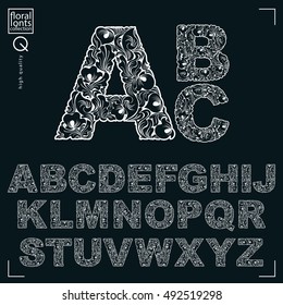 Ecology style flowery font, vector typeset made using natural ornament. Monochrome alphabet capital letters created with spring leaves and floral design.
