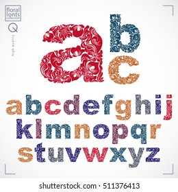 Ecology style flowery font, vector typeset made using natural ornament. Colorful alphabet lowercase letters created with spring leaves and floral design.