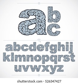Ecology style flowery font, vector typeset made using natural ornament. Alphabet lowercase letters created with spring leaves and floral design.