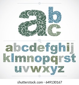 Ecology style flowery font, vector typeset made using natural ornament. Colorful alphabet lowercase letters created with spring leaves and floral design.
