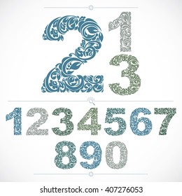 Ecology style flowery numbers, blue vector numeration made using natural ornament. Digits created with spring leaves and floral design.