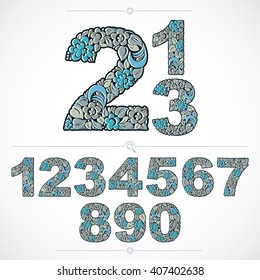 Ecology style flowery numbers, blue vector numeration made using natural ornament. Digits created with spring leaves and floral design.