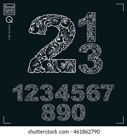 Ecology style flowery numbers, vector numeration made using natural ornament. Black and white digits created with spring leaves and floral design.