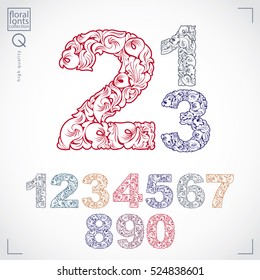 Ecology style flowery numbers, vector numeration made using natural ornament. Colorful digits created with spring leaves and floral design.