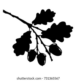 Ecology Stylized Vector Illustration. Oak Leaf, Acorn And Branch Isolated Silhouette. Eco Nature Seasonal Graphic