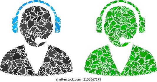 Collage de iconos de operador de apoyo ecológico de hojas de plantas en tintes de color verde y natural. Concepto de vector de entorno ecológico para el icono de operador de soporte.