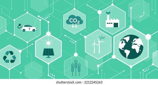 Ecology, sustainability and environmental care, conceptual abstract background with icons in a network