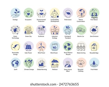 Ecology and Sustainability Icons Environmental Protection, Renewable Energy, Green Technology, and Conservation Illustrations.