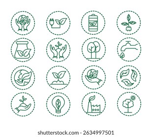 Ecology and Sustainability Icons set. Green Energy Icon Set.Solar Energy, Zero Waste, Wind Power, Renewable Energy, Climate Change, Green Technology thin icon set.