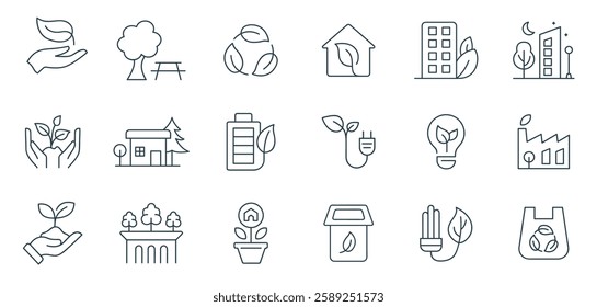 Ecology and Sustainability Line Icon Set. Vector Illustration of Renewable Energy, Recycling, Nature Conservation, Eco-Friendly Living, and Environmental Protection Symbols in Outline Style