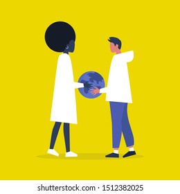 Ecology. Sustainability. Responsibility. Eco friendly behaviour. Two characters holding a globe. Planet Earth. Flat editable vector illustration, clip art