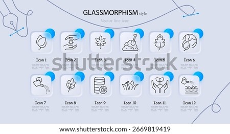 Ecology and sustainability set icon. Leaf, sunlight, compost, planet, sprout, watering, coins, soil, and hands in outlined vector style.