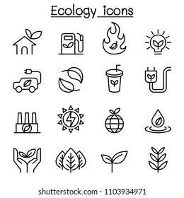 Ecology & Sustainable lifestyle icon set in thin line style