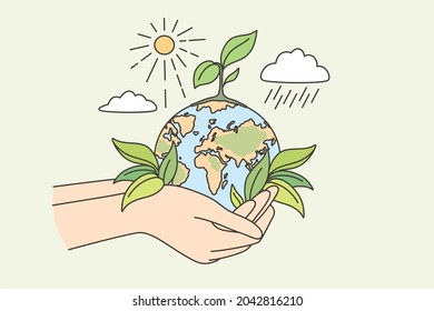 Ecology, sustainable nature, planet conversation concept. Hands human holding earth planet with growth plant sun and rain around taking care vector illustration 