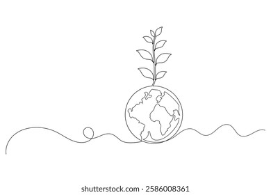 Ecology sustainable single line art,Light bulb for lighting with leaf inside plant nature continuous one line drawing