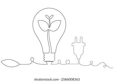Ecology sustainable single line art,Light bulb for lighting with leaf inside plant nature continuous one line drawing