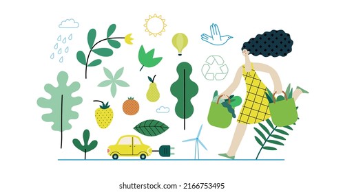 Ecología - Pensamiento sustentable - Ilustración moderna del concepto de vector plano, mujer con bolsas ecológicas, auto eléctrico, transporte sostenible, energía solar y eólica, plantas. Ilustración creativa de la página web de aterrizaje