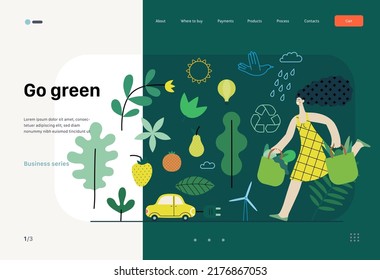 Ecology - Sustainable thinking -Modern flat vector concept illustration, woman with eco bags, electric car, sustainable transport, solar and wind energy, plants. Creative landing web page template