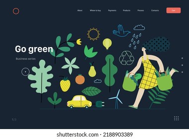 Ecología - Pensamiento sustentable - Ilustración moderna del concepto de vector plano, mujer con bolsas ecológicas, auto eléctrico, transporte sostenible, energía solar y eólica, plantas. plantilla de página web de aterrizaje creativo