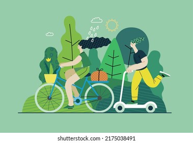 Ecology - Sustainable transport -Modern flat vector concept illustration of a young woman ridyng bycycle and a man on the scooter. Ecological transport metaphor. Creative landing web page template