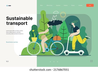 Ecología - Transporte sustentable - Ilustración moderna del concepto de vector plano de una mujer joven que viaja en bici y un hombre en la motocicleta. Metáfora del transporte ecológico. plantilla de página web de aterrizaje creativo