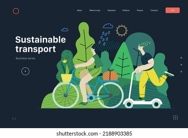 Ecology - Sustainable transport -Modern flat vector concept illustration of a young woman ridyng bycycle and a man on the scooter. Ecological transport metaphor. Creative landing web page template