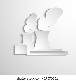 Ecology symbol with paper industrial objects, smoke and fire. On light background. Vector icon
