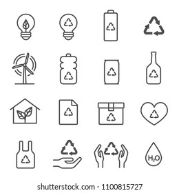 Ecology System vector icon set. Included the icons as recycle bulb, battery, green house, plastic bag, paper box, heart, windmill and more