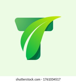 Ecology T letter logo with green leaf. Vector typeface for agriculture labels, vegan headlines, herbal posters, summer identity etc.