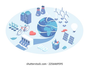 Ecology, take care of the planet Earth. Renewable sources with solar panels, wind turbines, hydroelectric station, recycle. Vector illustration in 3d design. Isometric web banner.	
