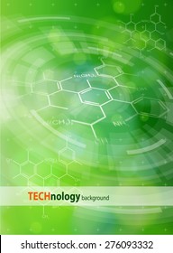 Ecology technology concept - chemical formulas, radial HUD elements & green bokeh abstract light background / vector illustration / eps10
