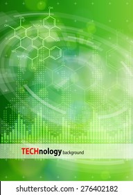 Ecology technology concept - chemical formulas, digital wave, radial HUD elements & green bokeh abstract light background / vector illustration / eps10