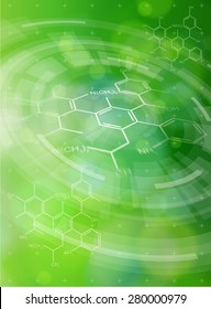 Concepto de tecnología ecológica. fórmulas químicas, elementos radiales HUD y fondo de luz abstracto de bokeh verde. ilustración vectorial. eps10