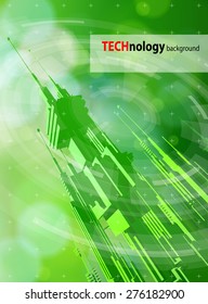 Ecology technology concept - futuristic metropolis, radial HUD elements & green bokeh abstract light background / vector illustration / eps10