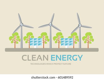 Ecology technology in flat design background concept. Eco clean energy around green tree for protect nature. Icons for your product or illustration, web and mobile applications.
