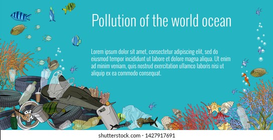 Ecology template. The concept of garbage catastrophe  in the sea. The problems with chemical wastes disposal. Environmental disaster of plastic debris and straws in the ocean. 