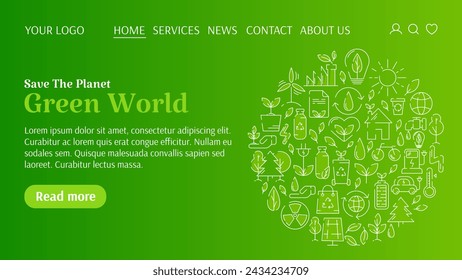 Plantilla de ecología para sitio web, círculo con iconos de línea, texto verde mundo. Concepto de salvar el planeta, ecología, mejora del medio ambiente, sostenibilidad, reciclaje, energía renovable. Para banner, página de destino