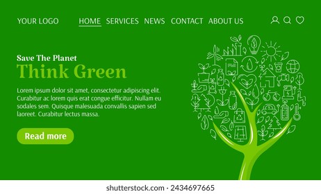 Ecology template for website, tree with line ecological icons, text think green. Save the planet concept, environment improvement, sustainability, recycle, renewable energy. For banner, landing page