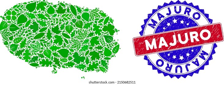 Ecology Terceira Island map composition of herbal leaves in green color variations with grunge bicolor Majuro seal stamp. Red and blue bicolored seal with corroded texture and Majuro text.