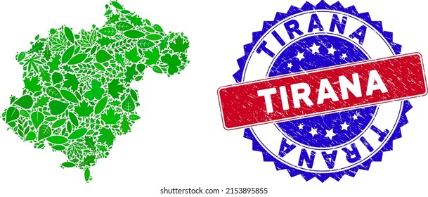 Ecology Teruel Province map composition of floral leaves in green color hues and grunge bicolor Tirana seal stamp. Red and blue bicolored stamp with corroded texture and Tirana text.
