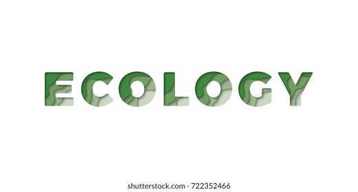 ecology text filled with paper cut layers 3d effect on a white background