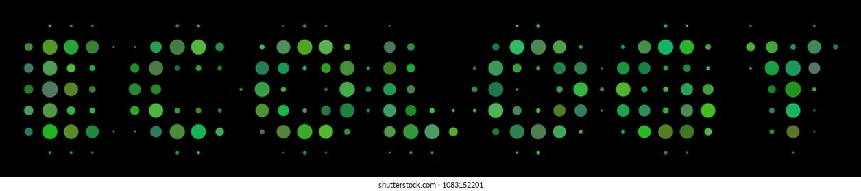 Ecology text halftone vector icon. Illustration style is pixel iconic ecology text symbol on a black background. Halftone matrix is made from spheric points.