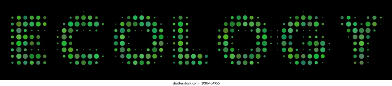 Ecology text halftone vector pictogram. Illustration style is dotted iconic ecology text icon symbol on a black background. Halftone pattern is circle blots.