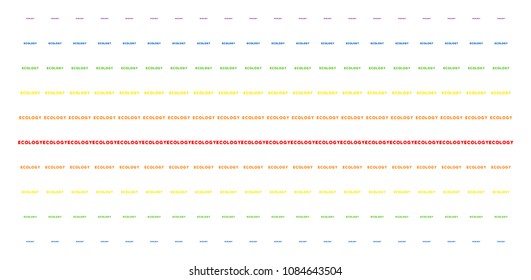 Ecology Text icon rainbow colored halftone pattern. Vector symbols arranged into halftone matrix with vertical spectrum gradient. Constructed for backgrounds, covers,