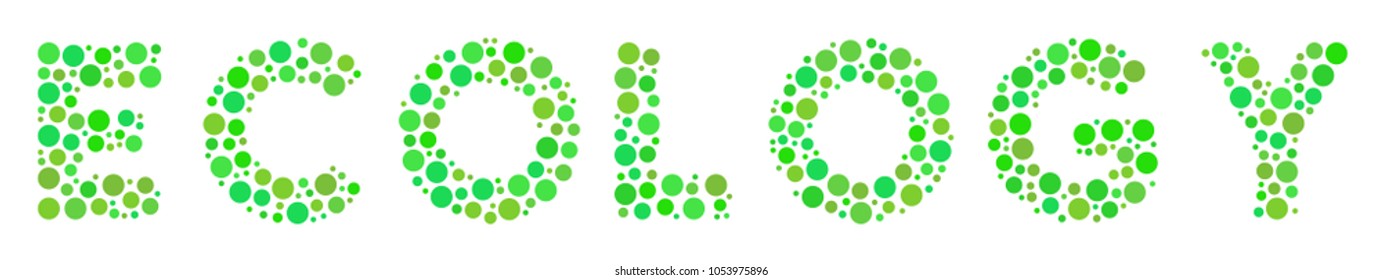 Ecology Text mosaic of circle dots in different sizes and ecological green color tinges. Circle dots are combined into ecology text vector collage. Eco vector illustration.