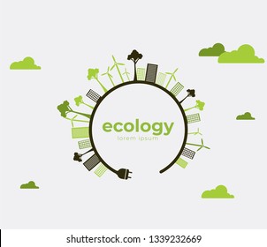 Ecology theme Earth Day flyer template Bright green trees and buildings concept. Poster, card, label, banner design. Bright and stylish geometrical background.