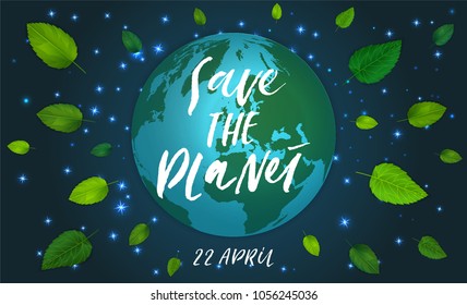 Ecology theme Happy Earth Day flyer template with lettering. Bright fresh green leaves concept. Poster, card, banner design. Space background with shiny stars and Blue Planet Vector illustration EPS10