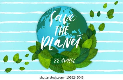 Ecology theme Happy Earth Day flyer template with lettering. Bright fresh green leaves concept. Poster, card, label, banner design. Bright and stylish geometrical background. Vector illustration EPS10