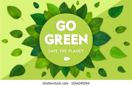 Ecology theme Happy Earth Day flyer template with lettering. Bright fresh green leaves concept. Poster, card, label, banner design. Bright and stylish geometrical background. Vector illustration EPS10